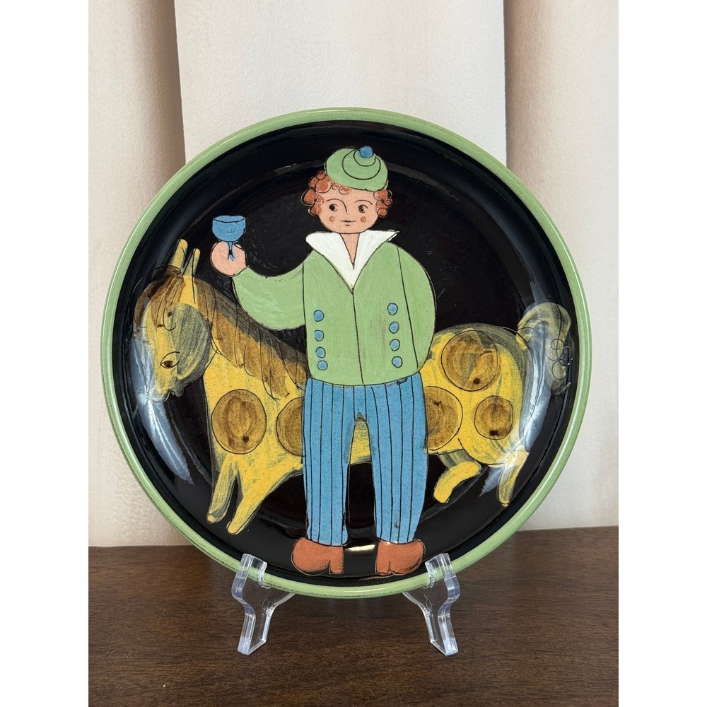 VTG Arnold Zahner Rheinfelden Swiss Pottery 7 3/4" Plate Man Wine Glass Horse‎